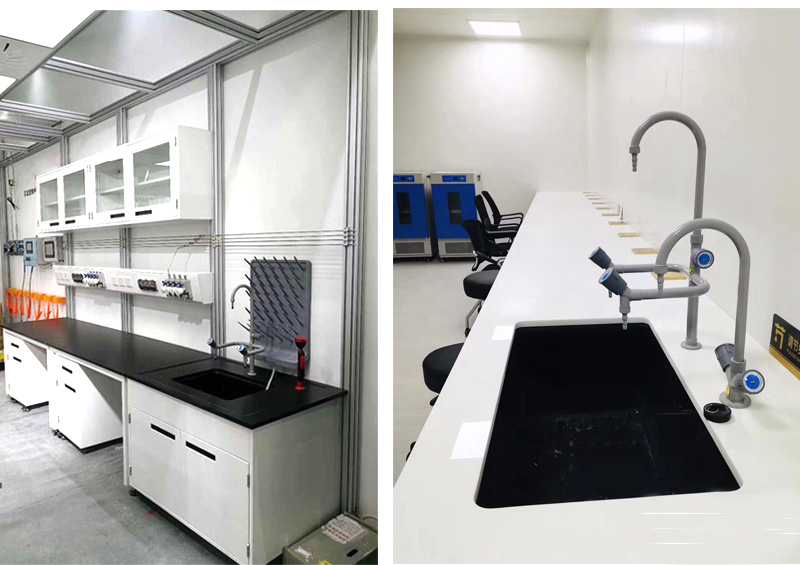 Experimental bench with sink and faucet