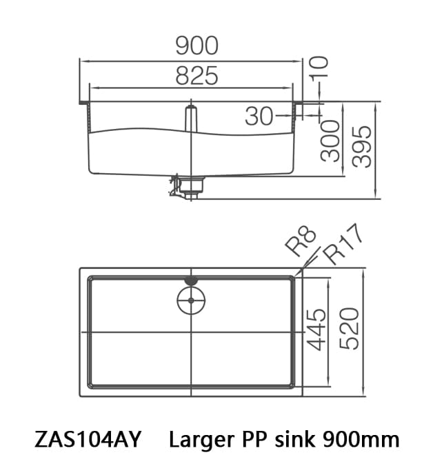size of length 900 mm bigger PP sink